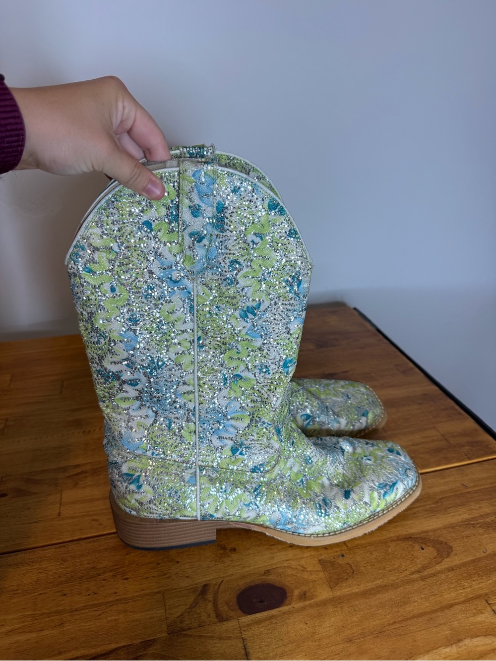 Roper Sparkly Glitter Cowgirl Western Pull On Boots Square Toe Green Silver 10